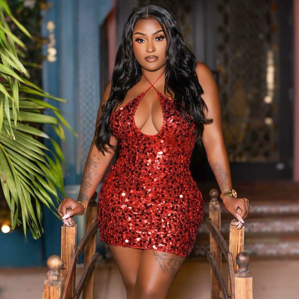 Glitter neck baring backpack hip short dress - Image 2