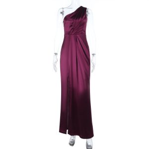 Single shoulder sexy slit satin dress for women