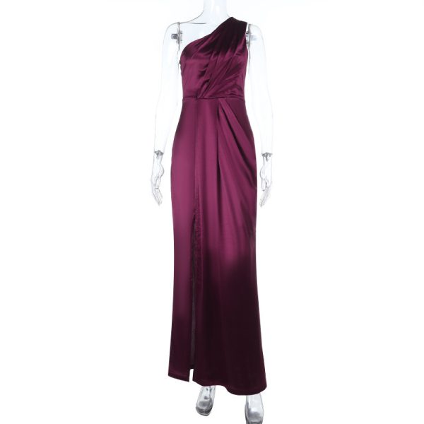 Single shoulder sexy slit satin dress for women