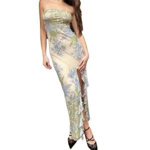 Elegant mesh printed slim fit strapless dress for women