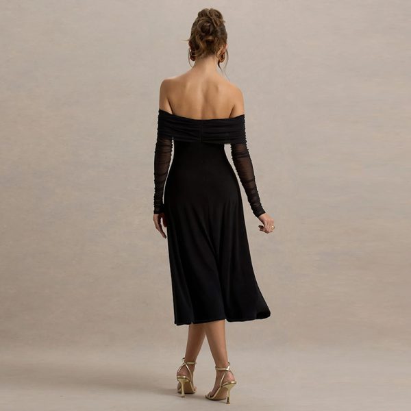 One shoulder sexy backless long sleeved black dress - Image 5