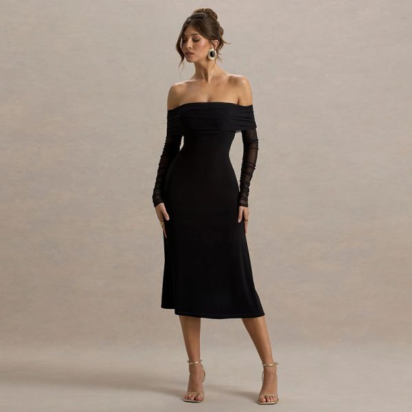 One shoulder sexy backless long sleeved black dress - Image 4