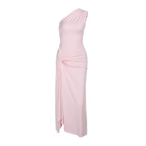 Slanted collar single shoulder waist dress with slit design