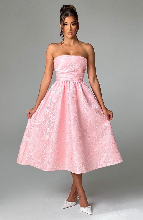 Elegant Floral Pattern Strapless Waist-Cinching Long Dress for Party - Image 7
