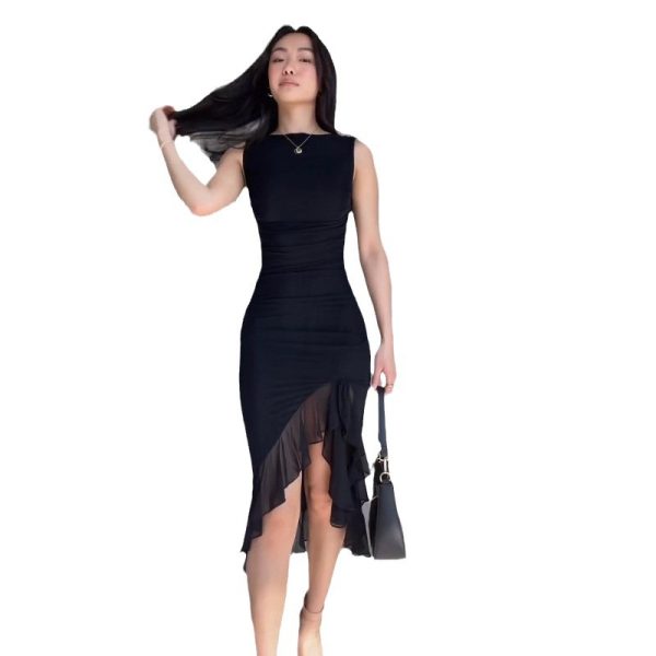 Pure Desire Sleeveless Pleated Waist Slim Backless Dress