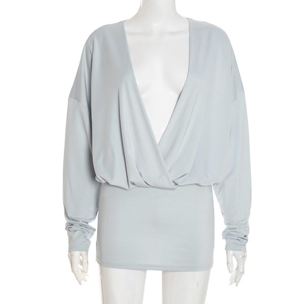Deep V Bat Sleeve Long Sleeve Dress - Image 5