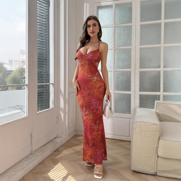 Sexy printed vacation dress with exposed chest and suspender for women's wear - Image 4