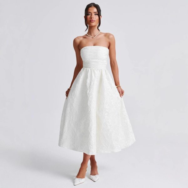Elegant Floral Pattern Strapless Waist-Cinching Long Dress for Party - Image 3