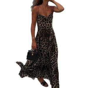 Strap Leopard Print Long Dress Women's Autumn