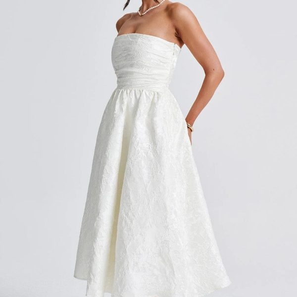 Elegant Floral Pattern Strapless Waist-Cinching Long Dress for Party - Image 4