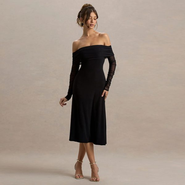 One shoulder sexy backless long sleeved black dress - Image 3