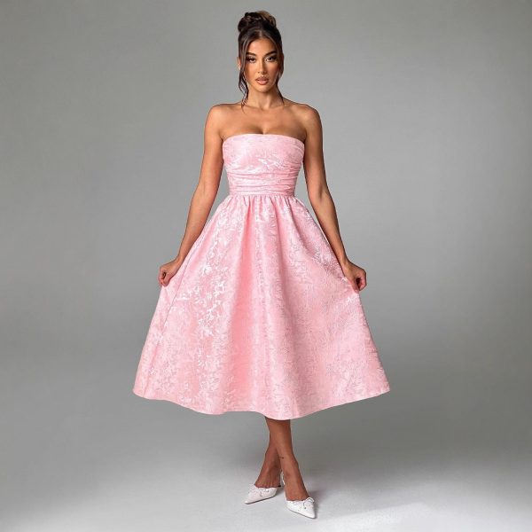 Elegant Floral Pattern Strapless Waist-Cinching Long Dress for Party - Image 5