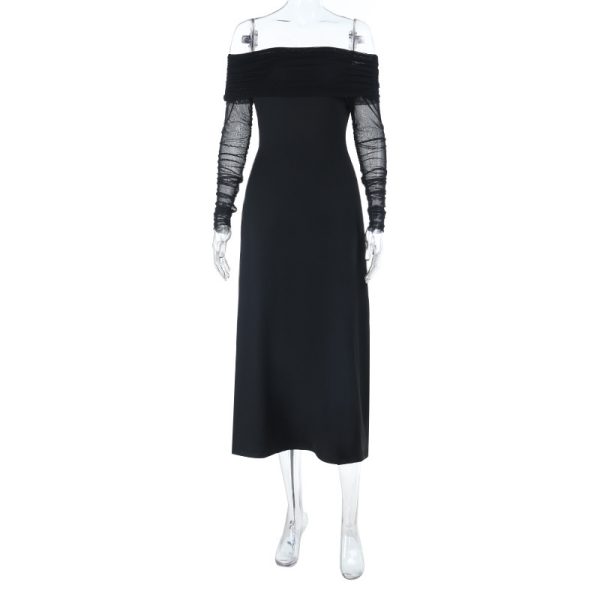 One shoulder sexy backless long sleeved black dress