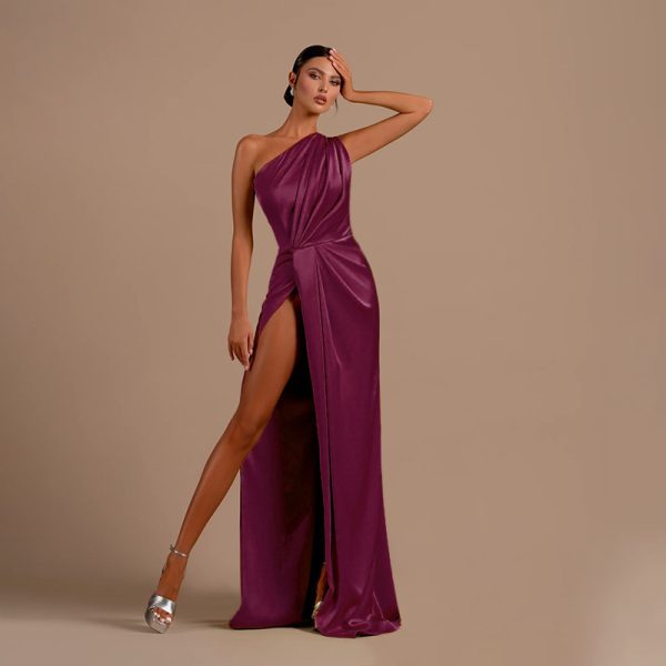 Single shoulder sexy slit satin dress for women - Image 4