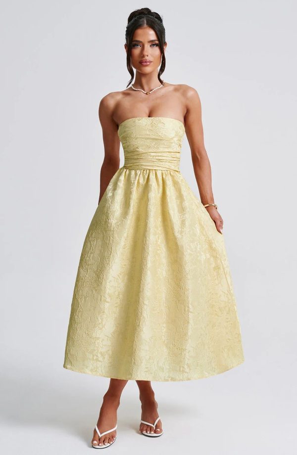 Elegant Floral Pattern Strapless Waist-Cinching Long Dress for Party - Image 8