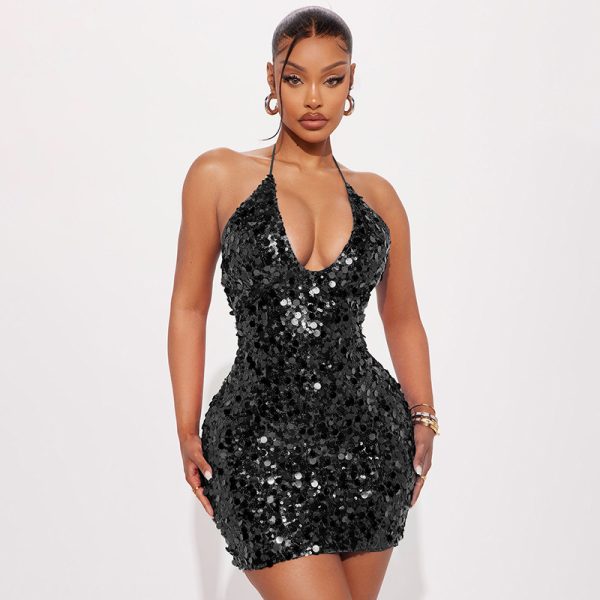 Glitter neck baring backpack hip short dress - Image 6