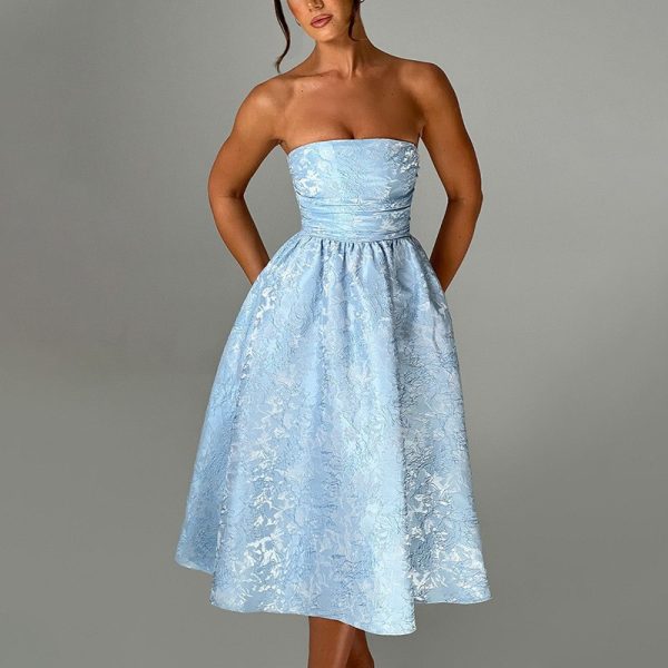 Elegant Floral Pattern Strapless Waist-Cinching Long Dress for Party - Image 9