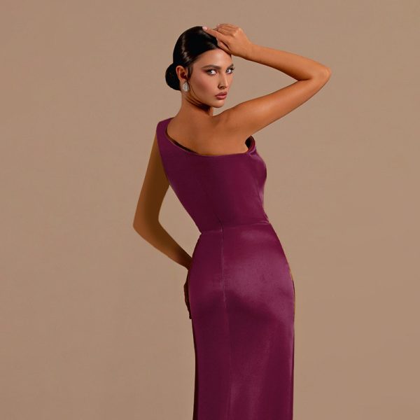 Single shoulder sexy slit satin dress for women - Image 5