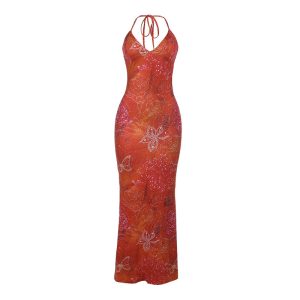 Sexy printed vacation dress with exposed chest and suspender for women's wear