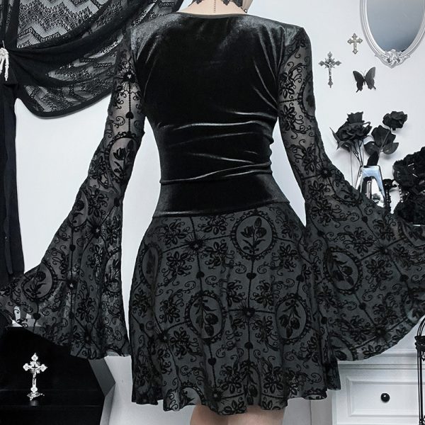 Elegant and slim fitting long skirt with retro dark velvet long sleeved dress for women - Image 5