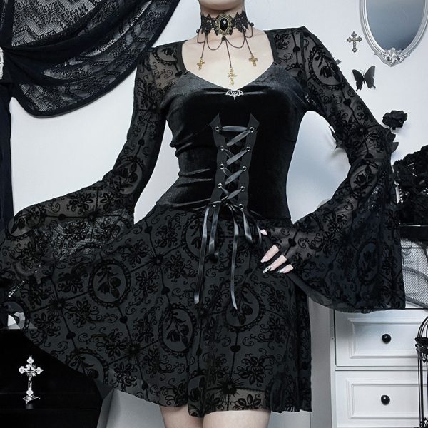 Elegant and slim fitting long skirt with retro dark velvet long sleeved dress for women - Image 2