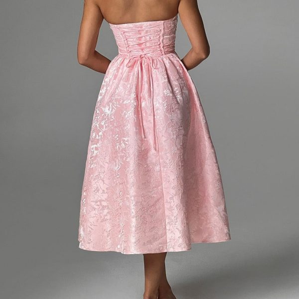 Elegant Floral Pattern Strapless Waist-Cinching Long Dress for Party - Image 2