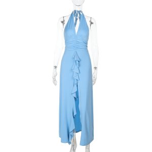 V-neck pleated A-line slit slimming vacation dress
