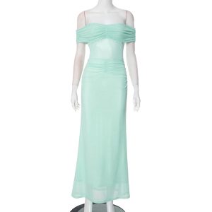 Solid color strapless off shoulder mesh pleated slim fit dress