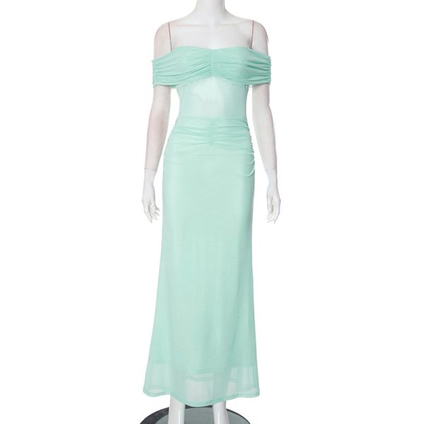 Solid color strapless off shoulder mesh pleated slim fit dress
