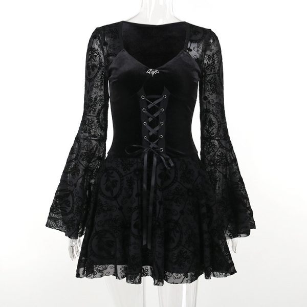 Elegant and slim fitting long skirt with retro dark velvet long sleeved dress for women - Image 6